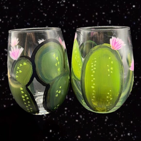 Vintage Libbey Glassware Painted Tumbler Glasses Cactus w Flowers Hand Painted 2 - Picture 7 of 9